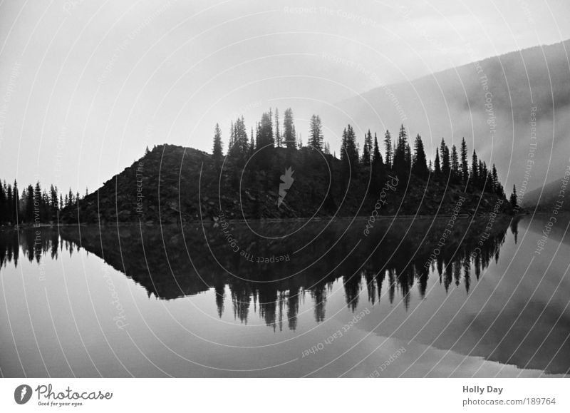 fog mirror Vacation & Travel Tourism Far-off places Island Mountain Nature Landscape Water Sunrise Sunset Autumn Fog Tree Lakeside Moraine lake Cold Fear