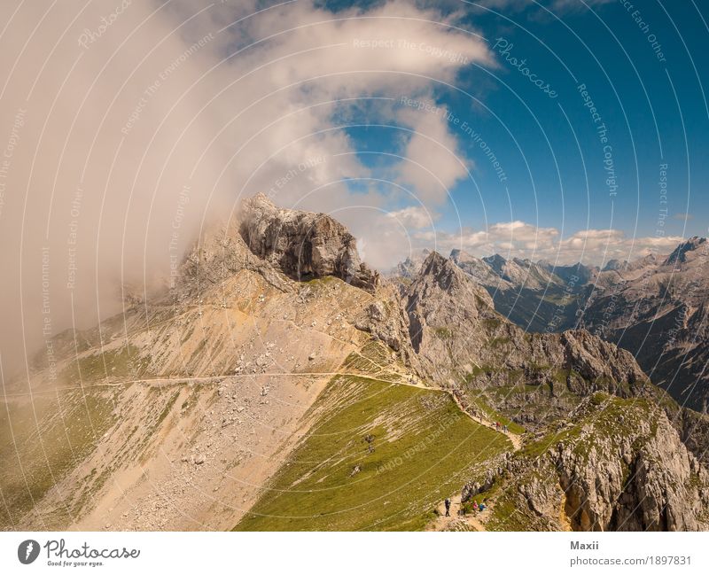 Mountain view into the Karwendel Landscape Elements Earth Sky Clouds Summer Beautiful weather Wind Fog Grass Bushes Rock Alps Karwendelgebirge Peak Hiking Fresh