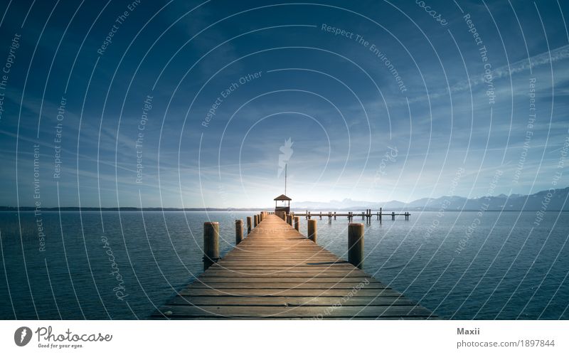 jetty at the lake Water Clouds Horizon Sunlight Summer Beautiful weather Alps Mountain Peak Lakeside Lake Chiemsee Bridge Swimming & Bathing Blue White