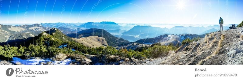 Woman with rucksack in front of alpine panorama at Trainsjoch Relaxation Vacation & Travel Sports Adults Nature Fitness Loneliness Leisure and hobbies Horizon