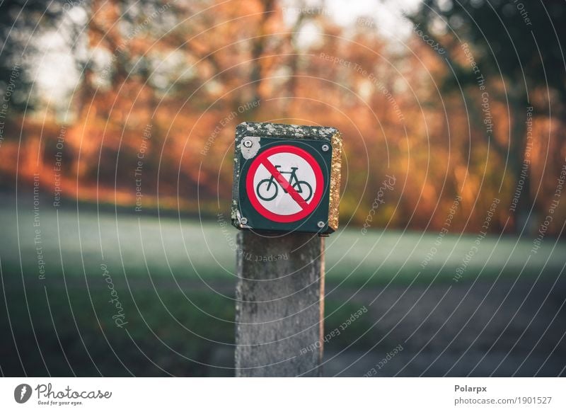 Bike restriction sign in a park in autumn Trip Summer Cycling Environment Park Forest Transport Street Highway Metal Red White Safety Caution prohibition