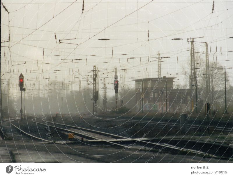 Railway tracks in the rain Railroad tracks Traffic light Fog Electrical equipment Technology Train station Rain