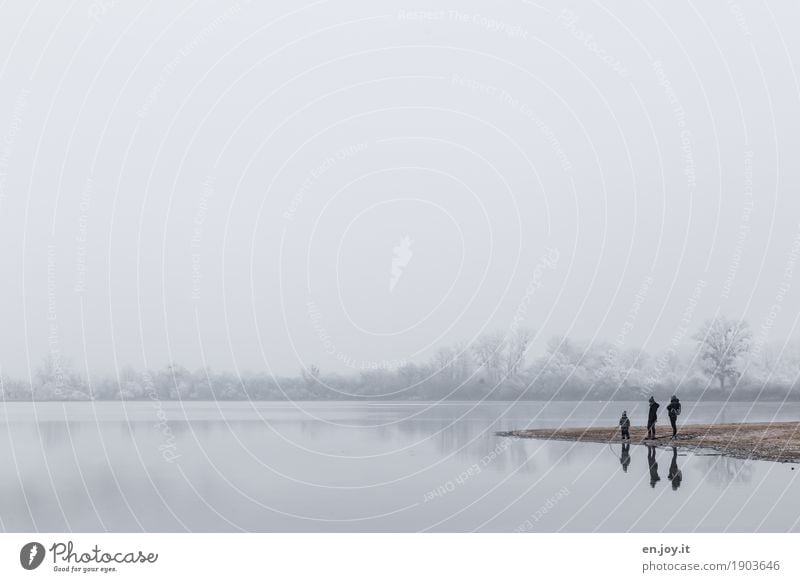 Three Winter Child Boy (child) Parents Adults Mother Father Family & Relations 3 Human being Nature Landscape Sky Horizon Fog Ice Frost Lakeside Stand Cold