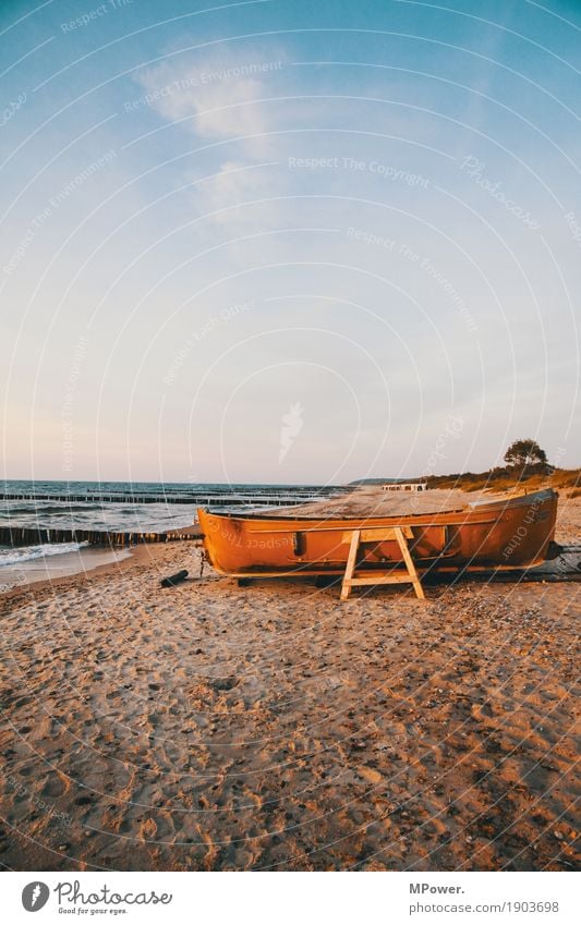 on the beach Environment Nature Sky Clouds Summer Waves Coast Beach Baltic Sea Ocean Navigation Boating trip Motorboat Dinghy Old Sand Tree Fishing boat