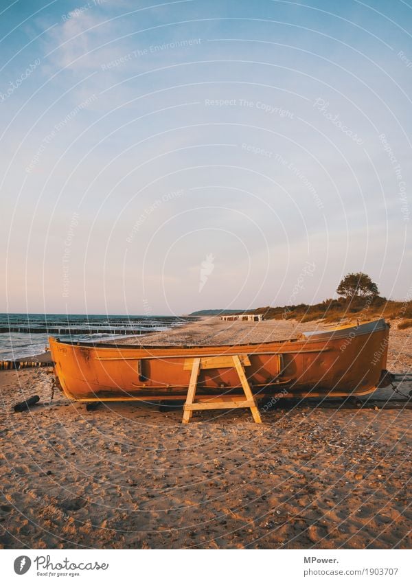 fishing boat Environment Nature Sky Clouds Summer Waves Coast Beach Baltic Sea Ocean Watercraft Navigation Boating trip Motorboat Dinghy Old Sand Tree