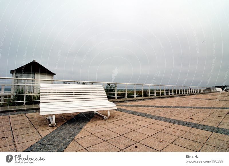 end of season Vacation & Travel Tourism Trip Sky Autumn Climate Bad weather Wind Kühlungsborn Village Deserted Hut Promenade walkway Bench Handrail Wait Cold