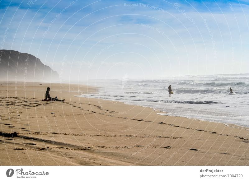 Relaxing on the beach in Portugal Looking Central perspective Deep depth of field Reflection Silhouette Contrast Shadow Light Day Copy Space bottom