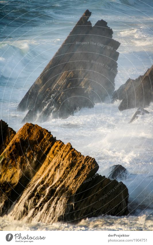 Rocks with spray in the sunset in Portugal II Looking Central perspective Deep depth of field Reflection Silhouette Contrast Shadow Light Day Copy Space bottom