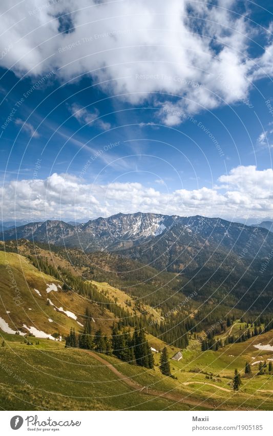 Mountain view from the Rotwand Environment Sky Clouds Sunlight Spring Beautiful weather Plant Tree Grass Meadow Forest Alps Peak Snowcapped peak Hiking rofan