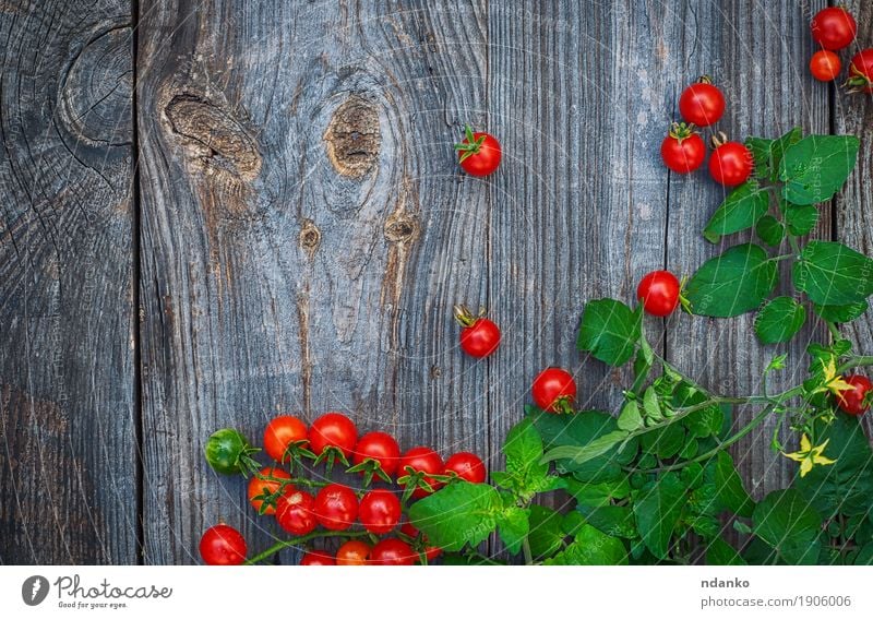 branch of small red cherry tomatoes with green stem Vegetable Nutrition Eating Vegetarian diet Table Nature Wood Old Fresh Juicy Gray Green Red Tomato Top