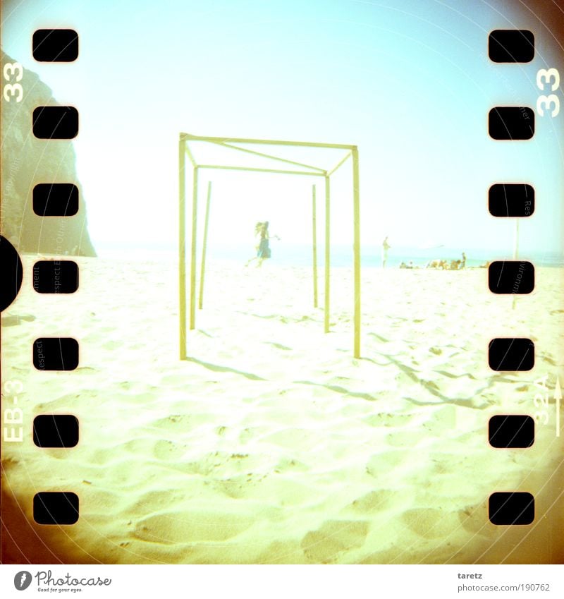 light-footed Far-off places Freedom Summer vacation Human being Bright Portugal Beach Walking Jump Tourist Relaxation Sand Ocean Vignetting Square Blue Rock