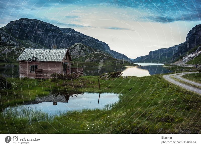 Old house in Norwegian lake Ocean Mountain Nature Landscape Water Sky Clouds Park Hill Rock Lake House (Residential Structure) Roof Street Broken Blue Brown