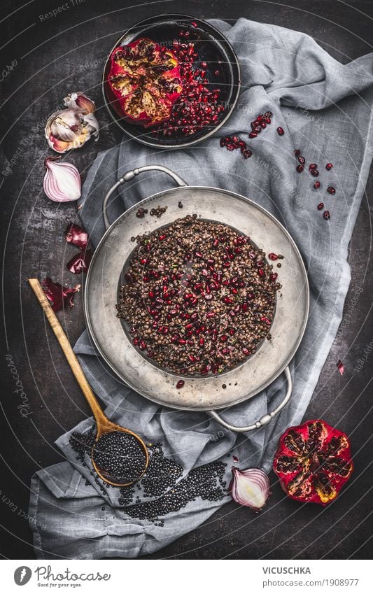 Vegetarian Black Lentils Salad with Pomegranate Food Lettuce Fruit Grain Herbs and spices Nutrition Lunch Dinner Organic produce Vegetarian diet Diet Crockery