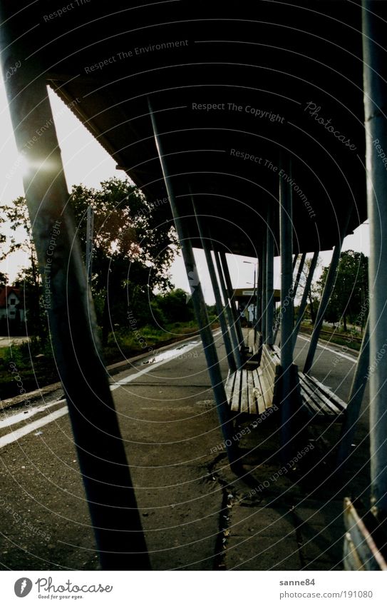 melancholia Trip Far-off places Summer Poland Small Town Outskirts Train station Roof Transport Rail transport Train travel Platform Railroad tracks Concrete