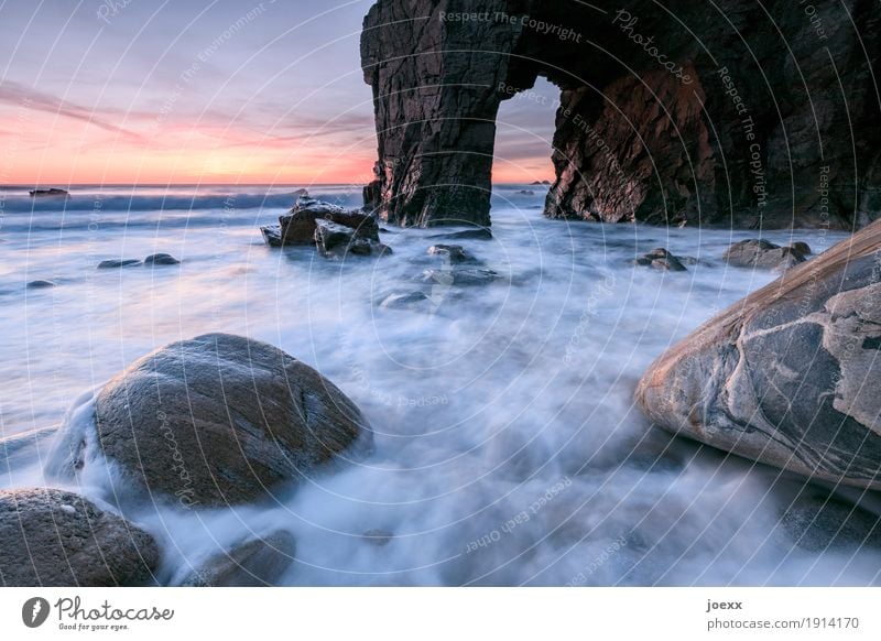 Time does not wait Vacation & Travel Summer Ocean Landscape Sky Sunrise Sunset Beautiful weather Rock Waves Coast Maritime Wild Blue Brown Gray Orange