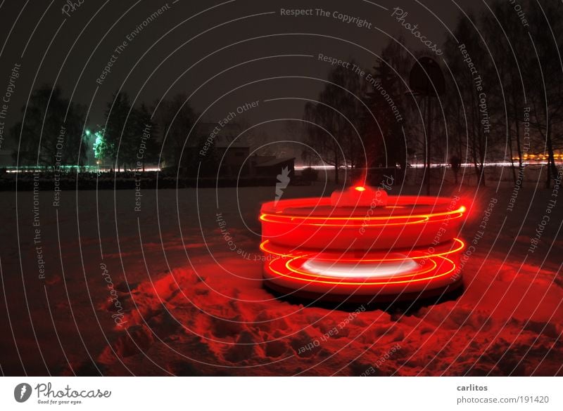 illicit Deserted Rotate Carousel Light Tracer path Centripetal force Centrifuge Circle Orbit Tree Winter Red White Night Dark Playing Playground light show