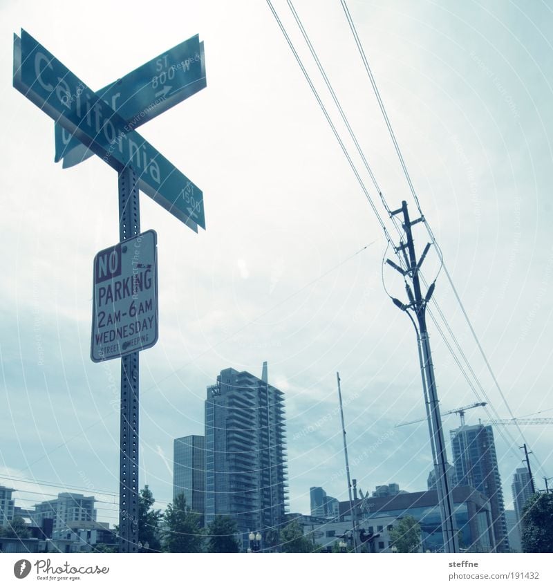 CA ALL DAAAY San Diego California USA Town Downtown House (Residential Structure) Road sign Hot parking High voltage power line Colour photo Exterior shot