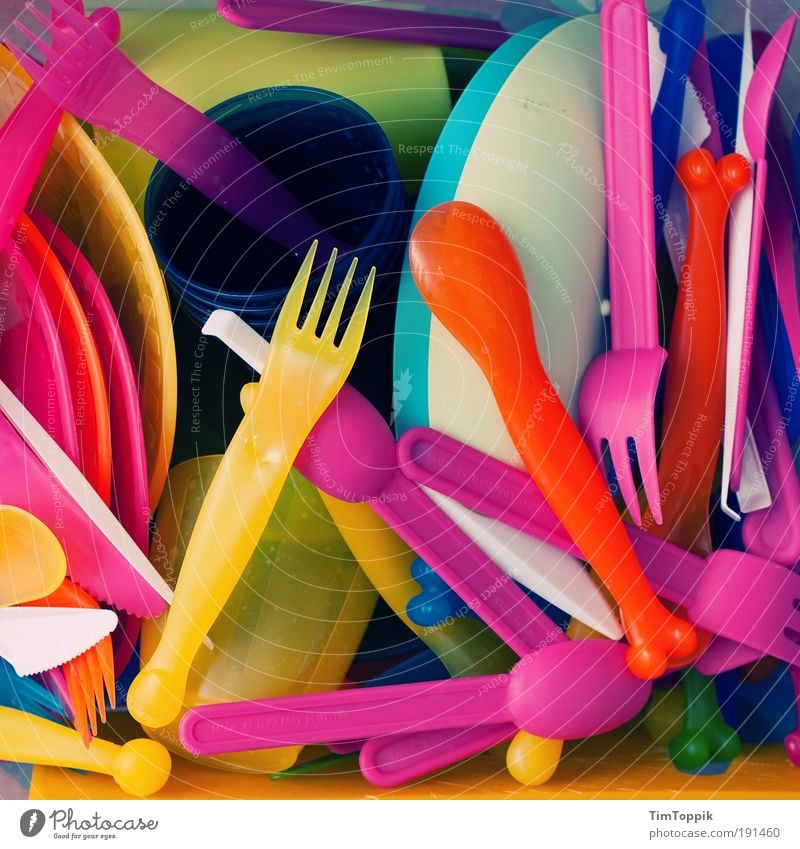 Happy Plastic Crockery Multicoloured Fork Mug Plate Consumption Knives Cutlery Packaging Disposable bottle Deposit bottle Blaze of colour Colour Spoon