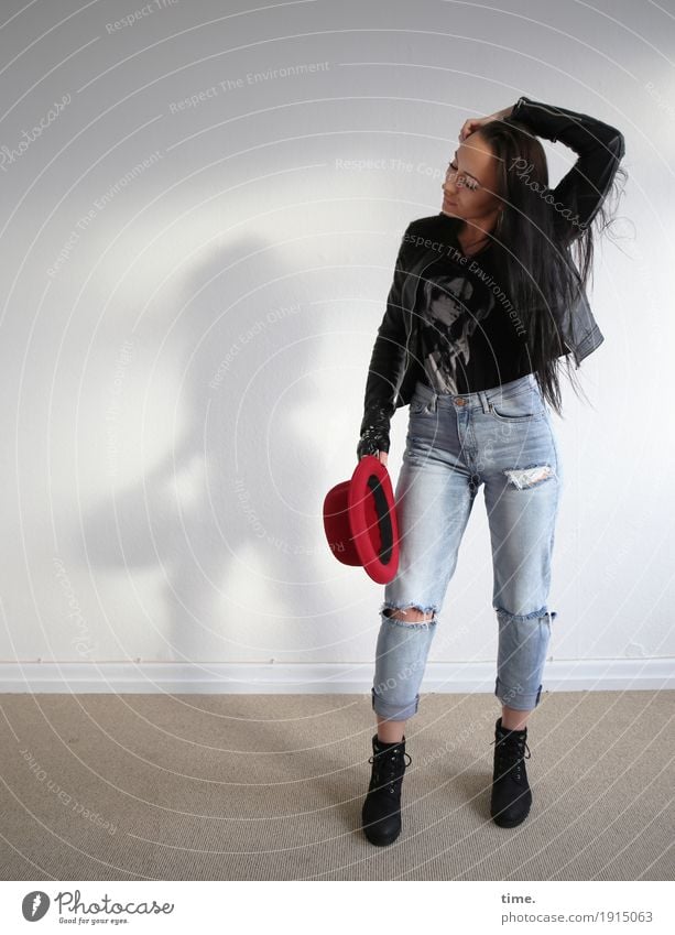 nastya Room Feminine Woman Adults 1 Human being T-shirt Jeans Jacket Boots Hat Black-haired Long-haired Observe To hold on Looking Wait Beautiful Self-confident