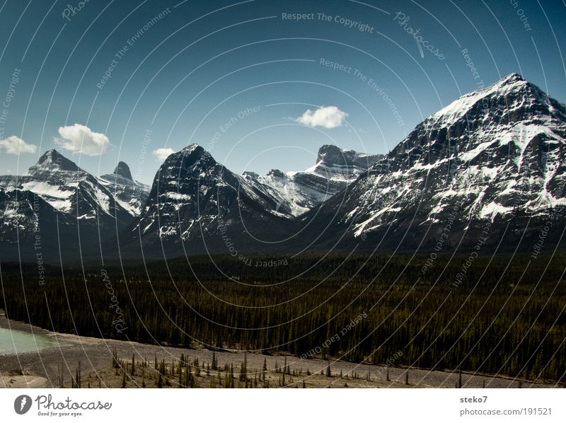 Bed seeks river Far-off places Freedom Summer vacation Mountain Landscape Snowcapped peak Infinity Horizon Nature Canada Icefield parkway Pine Clouds