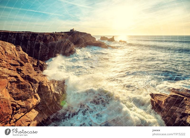 be the sea Landscape Water Sky Sun Sunrise Sunset Sunlight Beautiful weather Rock Waves Coast Ocean Gigantic Infinity Bright Maritime Wild Blue Brown Yellow