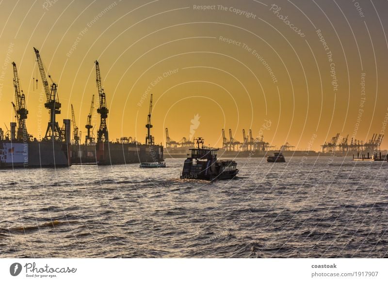 Ships downstream the Elbe Water Cloudless sky Winter River Hamburg Port City Industrial plant Harbour Navigation Ferry Container Dockside crane Infinity Yellow