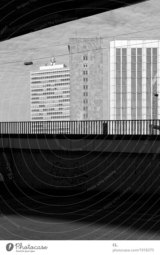 under the rheinkniebrücke, düsseldorf Beautiful weather Duesseldorf Town High-rise Places Bridge Manmade structures Building Architecture Wall (barrier)