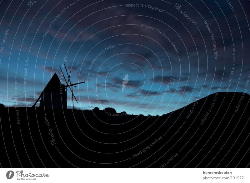 Windmill Ruin Building Landmark Old Historic Blue Horizon Vacation & Travel Tradition Environment Mill wind Blade Rotation wheat flour Sky Silhouette Ancient