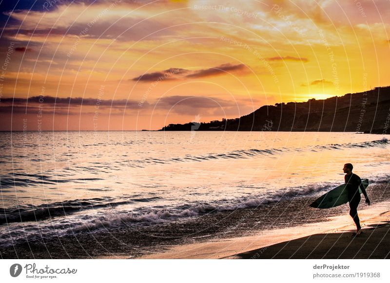 Sunset with surfer backlit on sandy beach in Azores Swell rocky coast Stone Freedom Panorama (View) Far-off places Copy Space left Vacation & Travel Adventure