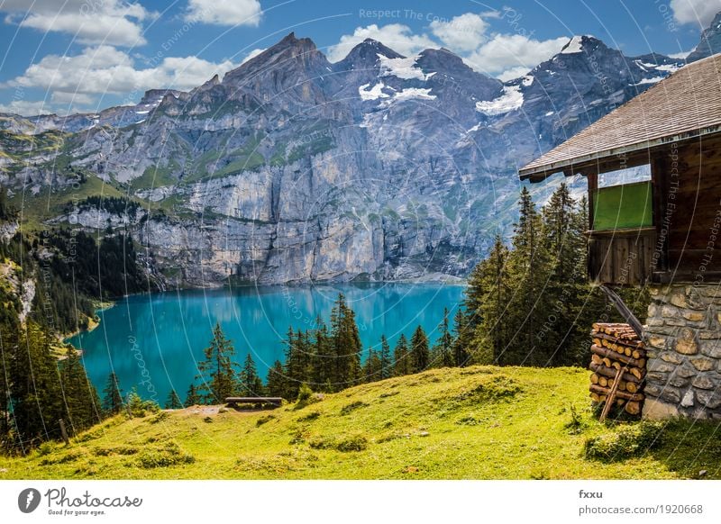 Lake Oeschinen Nature Landscape Clouds Summer Forest Hill Rock Alps Mountain Hut Hiking Esthetic Gigantic Blue Yellow Green Contentment Joie de vivre (Vitality)