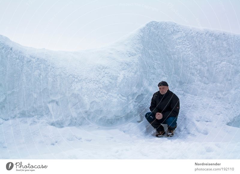 Man kneels in an ice desert at the Baltic Sea Lifestyle Well-being Vacation & Travel Tourism Adventure Freedom Ocean Winter Snow Winter vacation Hiking Adults 1