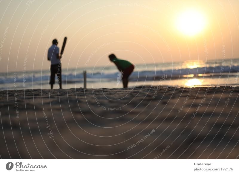 Sunset Cricket Sports Sports team Human being Youth (Young adults) 2 Nature Sand Air Water Sky Summer Warmth Exotic Coast Beach Playing Yellow Gold Colour