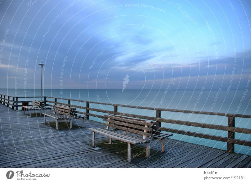 The blue hour Nature Landscape Sunrise Sunset Summer Coast Baltic Sea Freedom Peace Far-off places Calm Contentment Bench Sea bridge Ocean Bridge railing