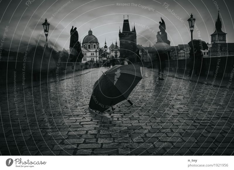 rainy day Prague Czech Republic Europe Town Capital city Old town Church Bridge Gate Tourist Attraction Landmark Charles Bridge Walking Dark Historic Gray Black