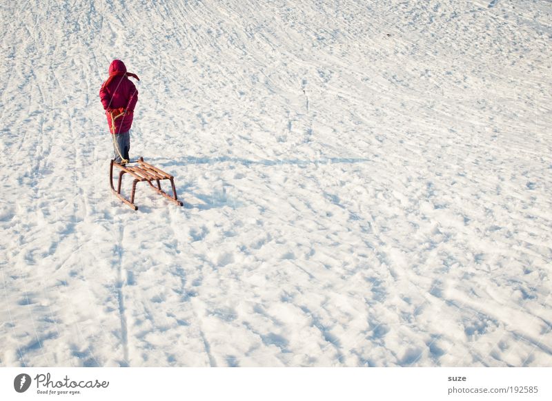 Little Red Riding Hood Joy Leisure and hobbies Playing Winter vacation Human being Child 1 3 - 8 years Infancy Beautiful weather Snow Cold White Sleigh Pull