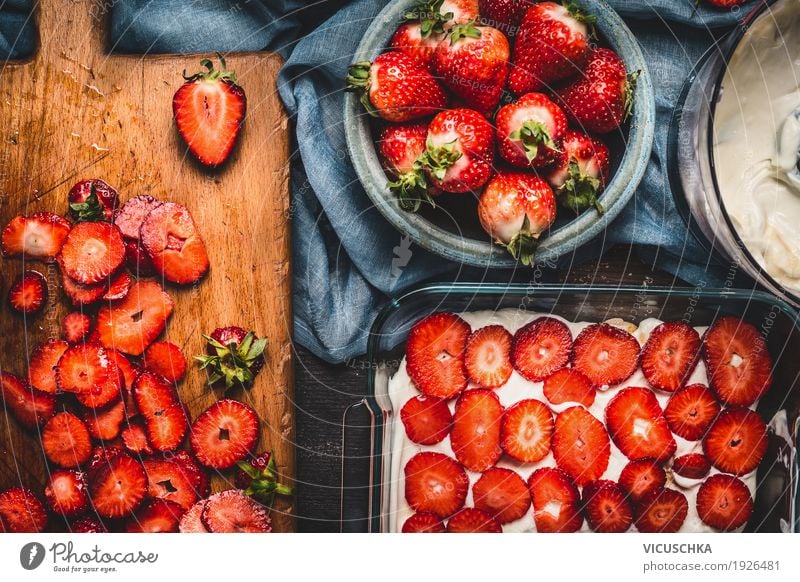 Strawberry cake with sliced berries and cream Food Fruit Cake Dessert Nutrition Organic produce Crockery Bowl Style Design Healthy Healthy Eating Life Table