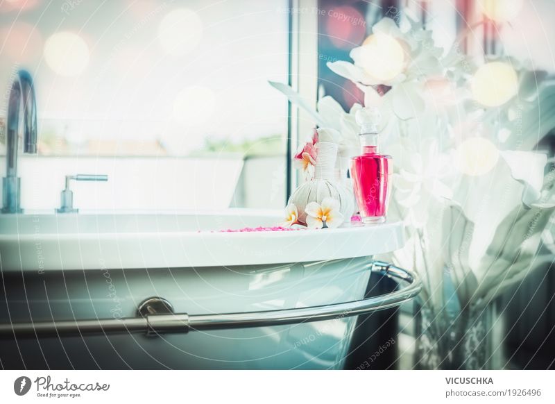 Bathroom with bathtub and spa and wellness products Lifestyle Luxury Style Design Wellness Relaxation Calm Cure Spa Massage Whirlpool Bathtub Hotel Resort