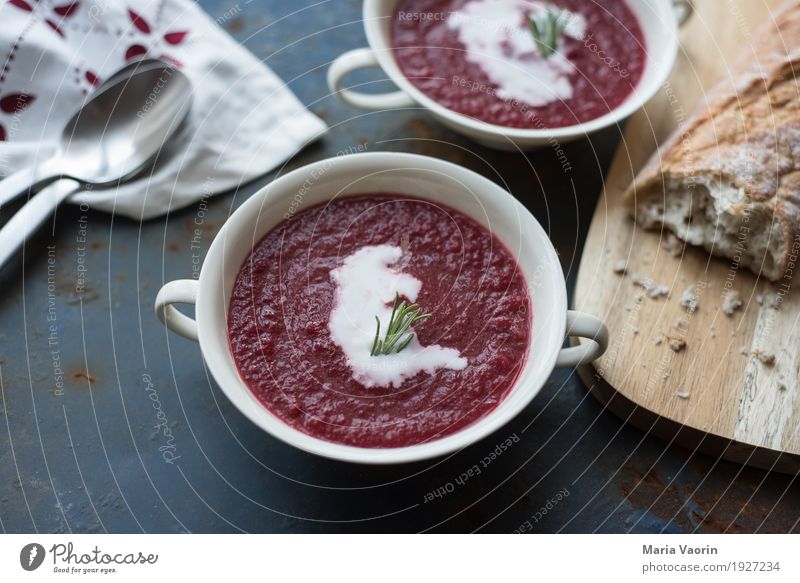 Beetroot time 2 Food Vegetable Bread Nutrition Lunch Vegetarian diet Diet Bowl Spoon Healthy Delicious Red Red beet Soup coconut cream Rosemary Rustic Self-made