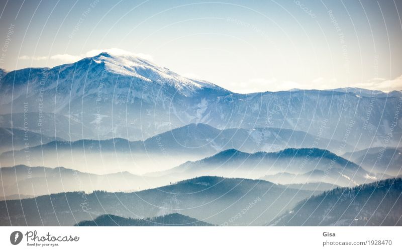 View of the Schneeberg mountain Hiking Trip Far-off places Winter Landscape Air Cloudless sky Clouds Beautiful weather Forest Alps Mountain snow peel Muggendorf