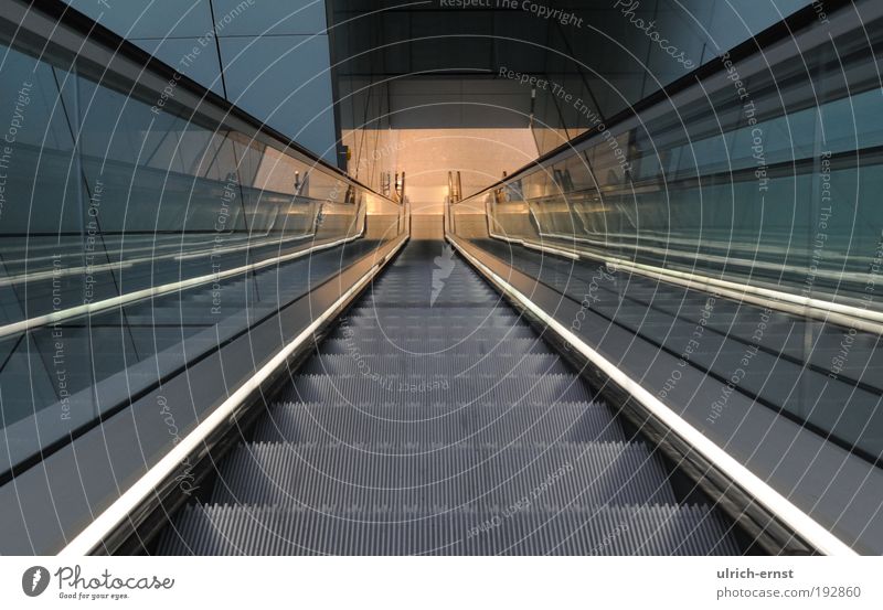 downwards Deserted Train station Airport Architecture Stairs Pedestrian Escalator Movement Walking Modern Clean Esthetic Design Elegant Advancement