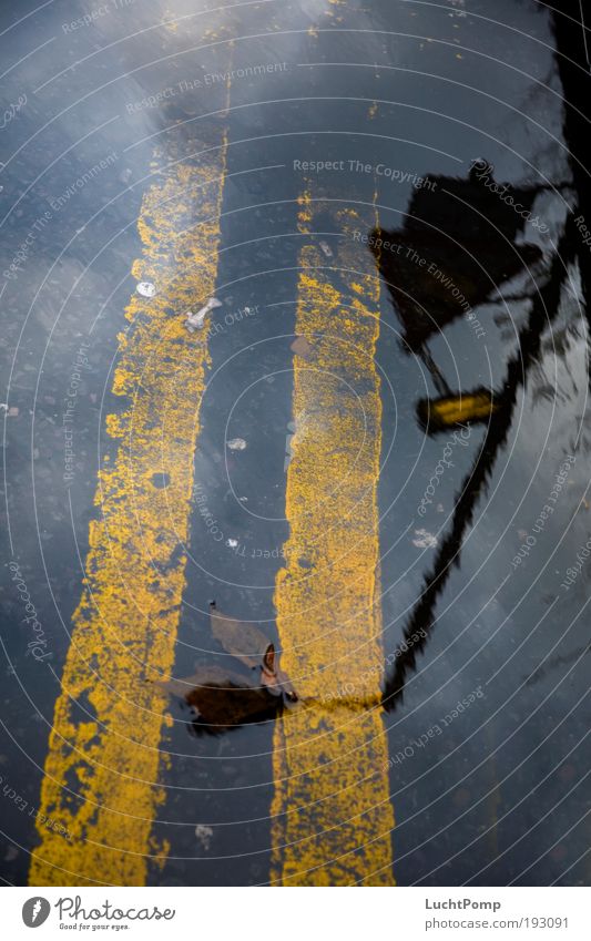 Wet Lamp post Lantern Road sign Asphalt Yellow Street sign Reflection Puddle Dirty Stripe Striped Head first Ground Floor covering Clouds Blur Dark