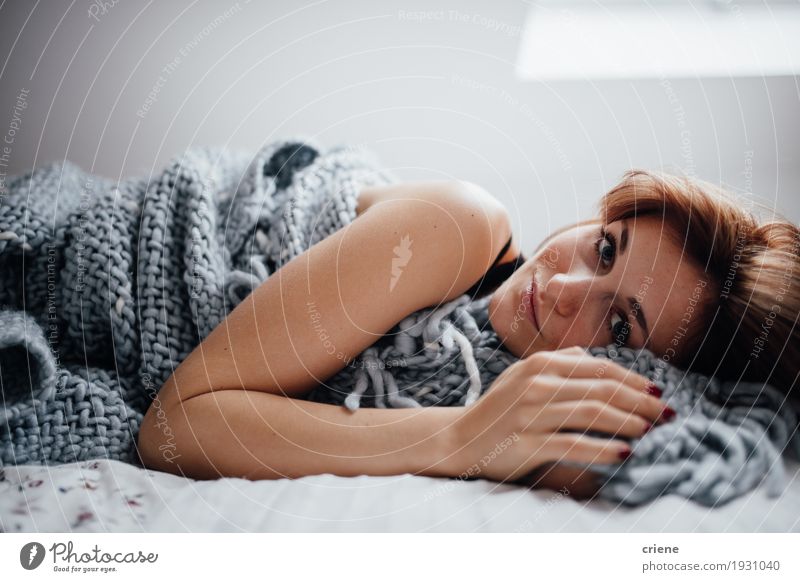 Young caucasian women laying in bed looking at camera Lifestyle Well-being Living or residing Flat (apartment) Bed Room Bedroom Human being Feminine Young woman