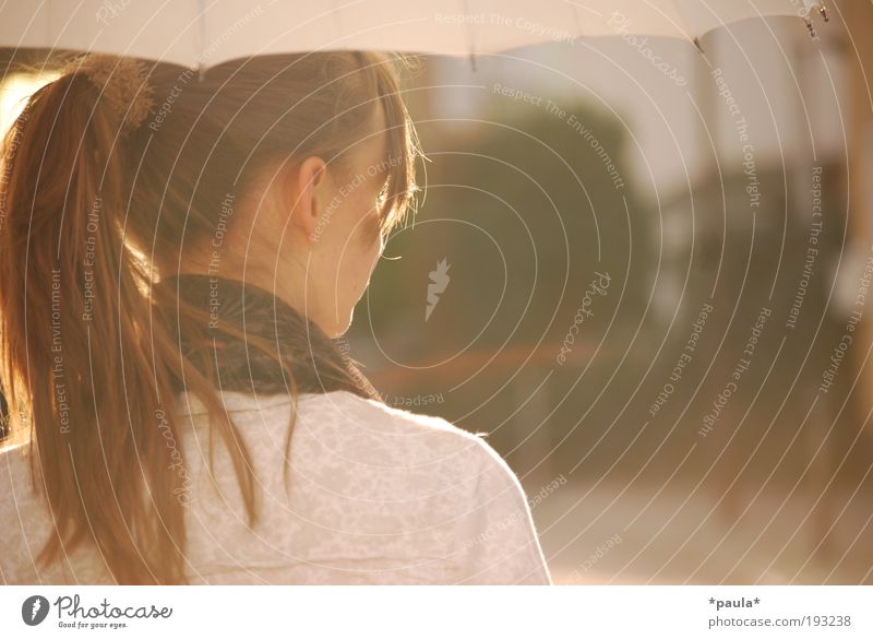 Young lady Elegant Contentment Trip Head Hair and hairstyles Back 1 Human being Beautiful weather Shirt Umbrella Brunette Long-haired Braids Observe Looking