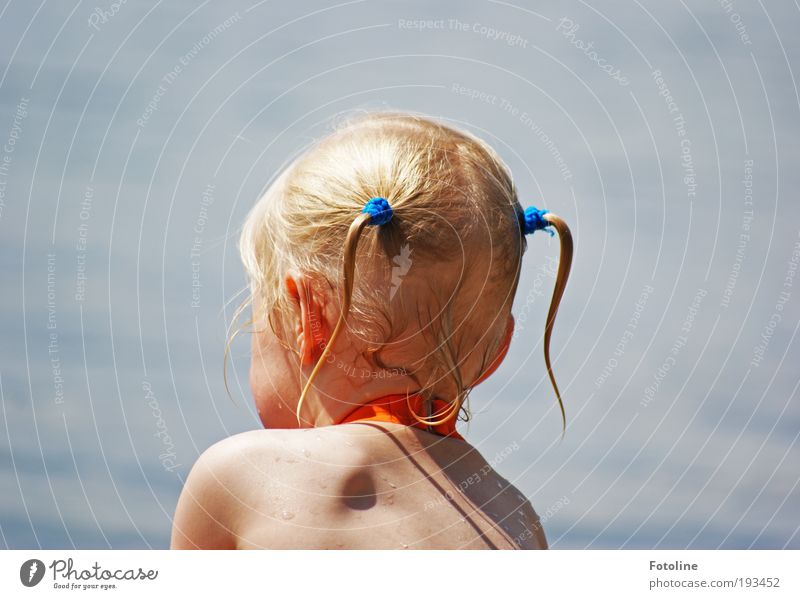 Little water rat Human being Child Girl Skin Head Hair and hairstyles Back Environment Nature Elements Air Water Climate Weather Beautiful weather Lakeside