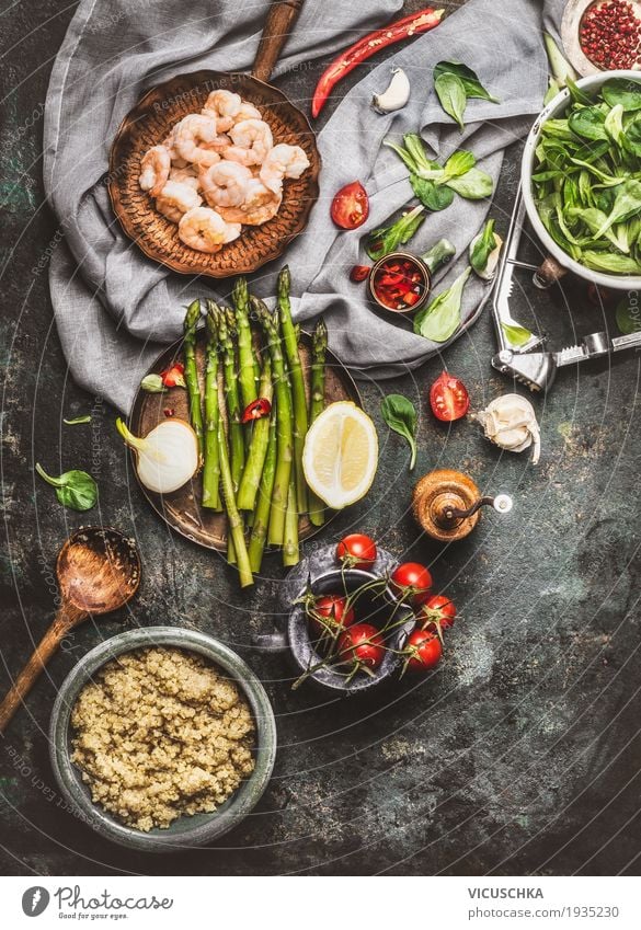 Quinoa salad preparation with prawns, asparagus and vegetables Food Seafood Vegetable Lettuce Salad Grain Herbs and spices Cooking oil Nutrition Lunch Dinner