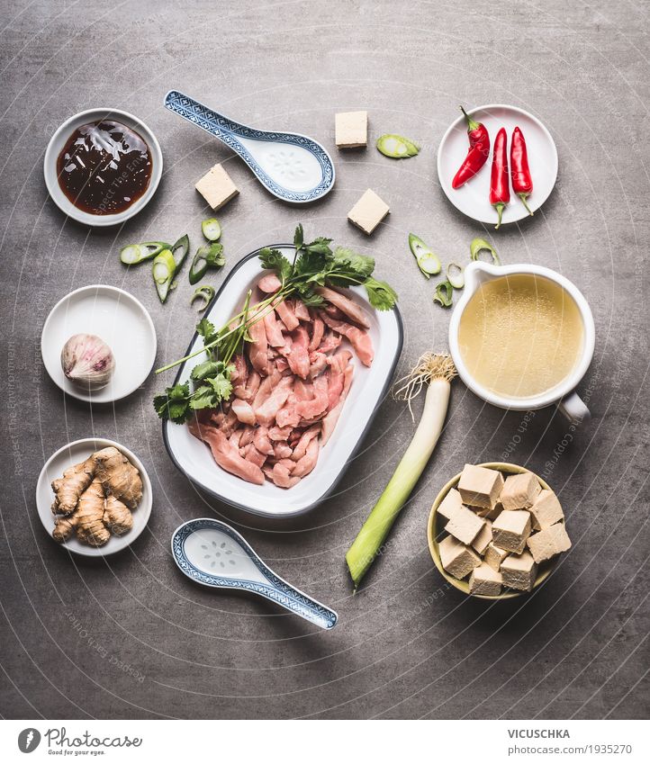 Ingredients for spicy Asian soup with tofu and meat Food Meat Soup Stew Herbs and spices Nutrition Lunch Organic produce Diet Asian Food Crockery Bowl Style