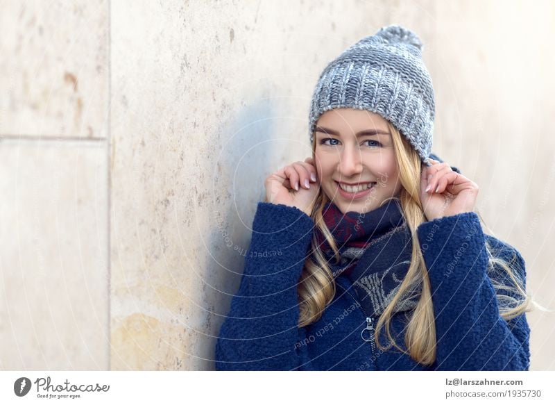 Pretty young woman smiling at the camera Happy Beautiful Face Winter Woman Adults 1 Human being 18 - 30 years Youth (Young adults) Autumn Scarf Hat Blonde