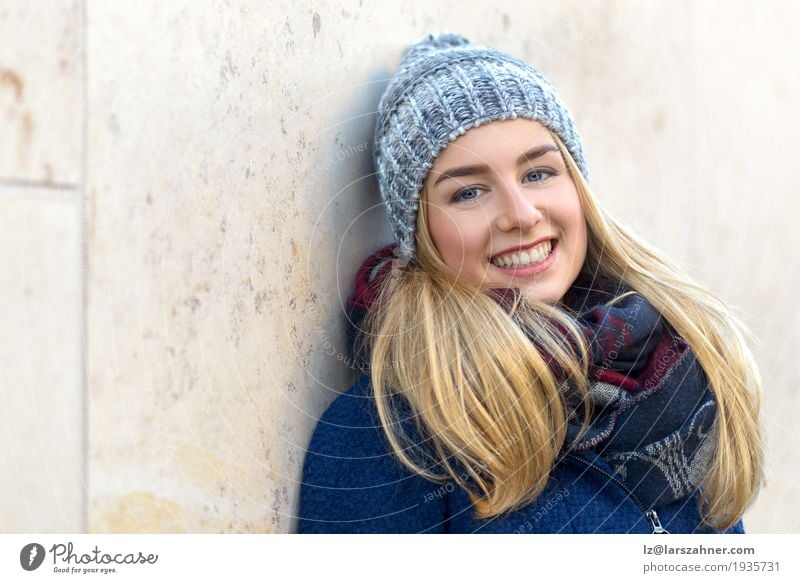 Pretty young woman smiling at the camera Happy Beautiful Face Winter Woman Adults 1 Human being 18 - 30 years Youth (Young adults) Autumn Scarf Hat Blonde