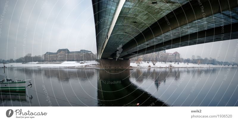 Dresden, Carola Bridge Water Horizon Winter Beautiful weather Snow River bank Elbe Carola bridge Germany Capital city state chancellery Ministry Free state Town