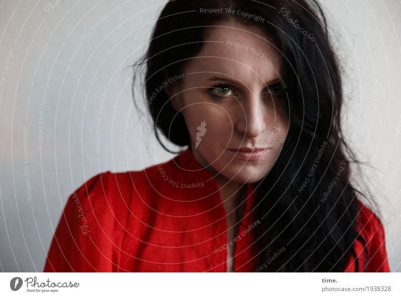 Woman in red dress Feminine Adults 1 Human being Dress Hair and hairstyles Black-haired Long-haired Observe Looking Dark pretty Watchfulness Curiosity Concern